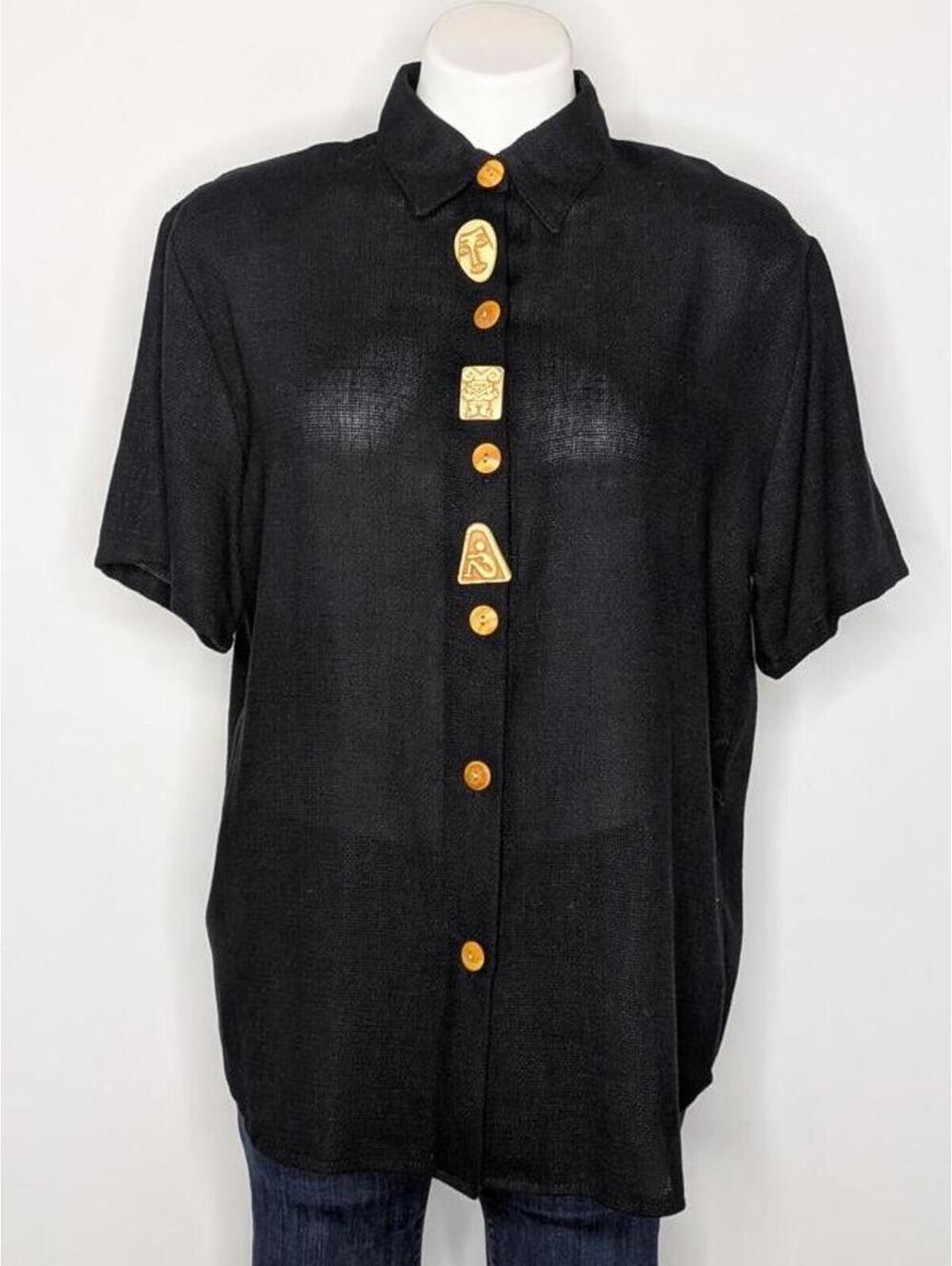 Vintage Karibo Black Brown Abstract Face Human Button Up S